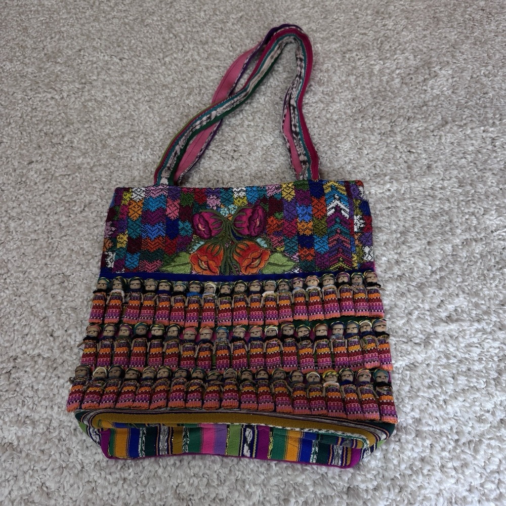 Colorful Boho Tote Bag Worry Dolls Embroidered Floral Guatemalan Style Shoulder
